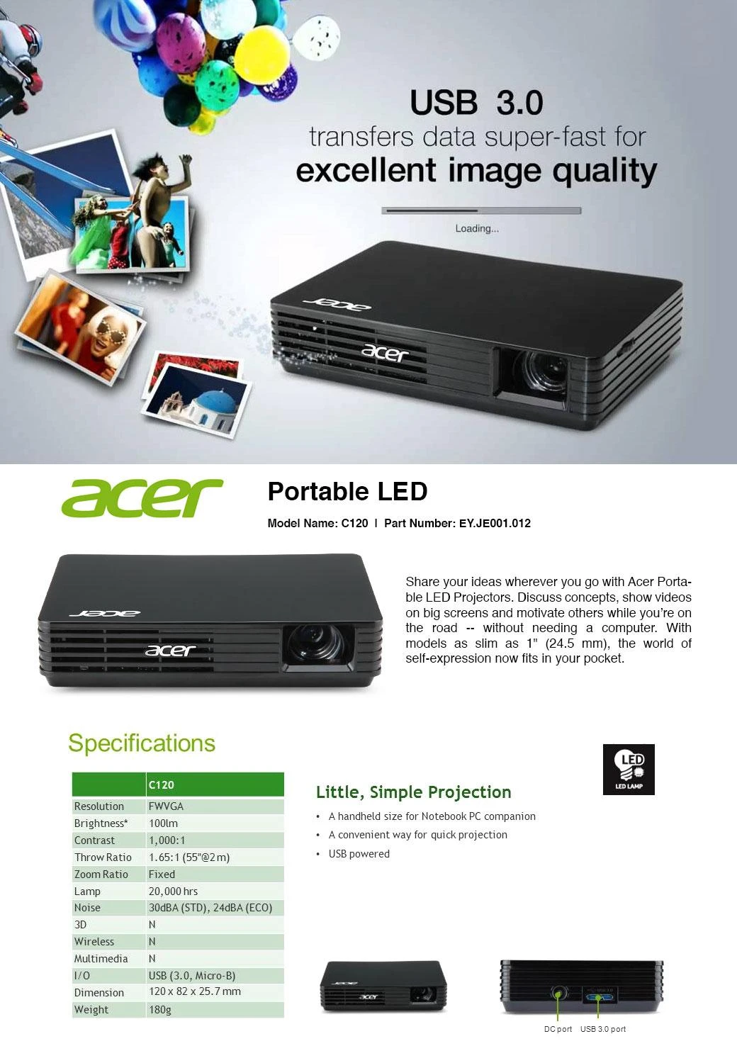 Acer C120 LED duomenų projektorius 100 ANSI lumens DLP WVGA (854x480) Nešiojamas projektorius Juoda