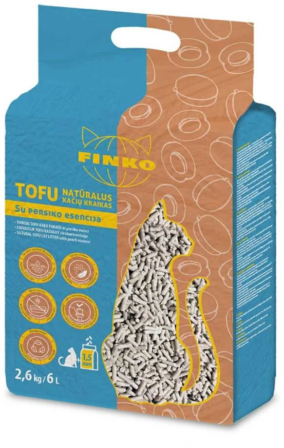 FINKO TOFU ilgaplaukių kačių kraikas, su persiko ekstraktu, 1,5 mm granulė, 2,6kg / 6 l