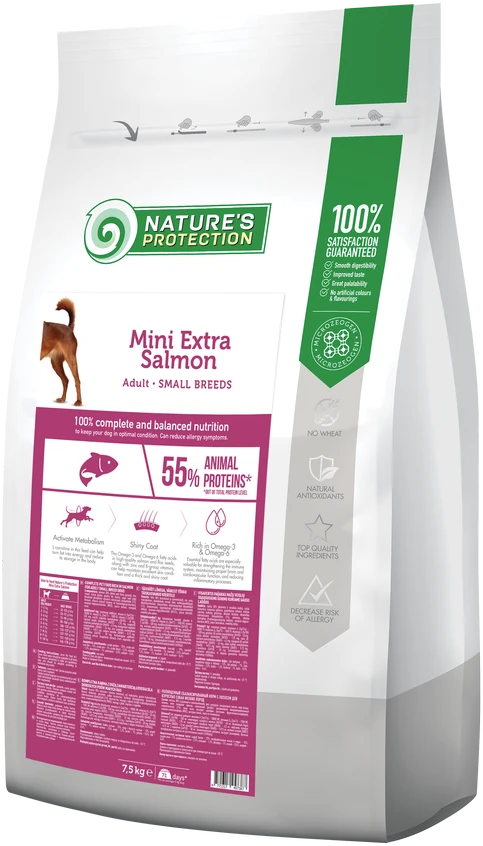 NATURE'S PROTECTION Mini extra lašiša Adult Small breed dog, suaugusių mažų ir labai mažų veislių šunų sausas pašaras su lašiša, 7.5kg
