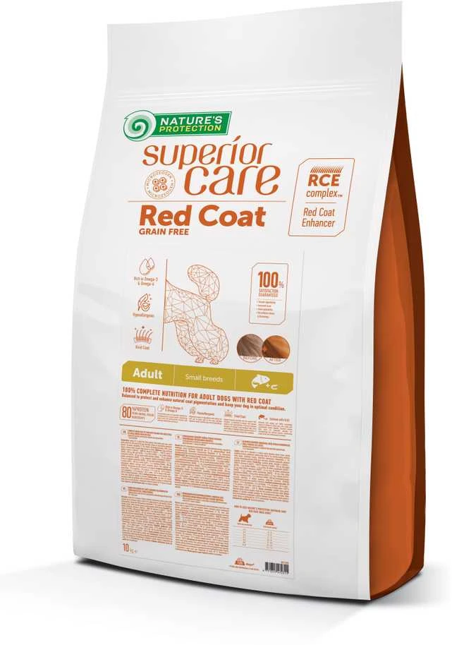 Nature's Protection Superior Care Raudona Coat begrūdis su lašiša Adult Small Breed 10 kg, suaugusių, mažų veislių raudonkailių šunų sausas begrūdis pašaras su lašiša