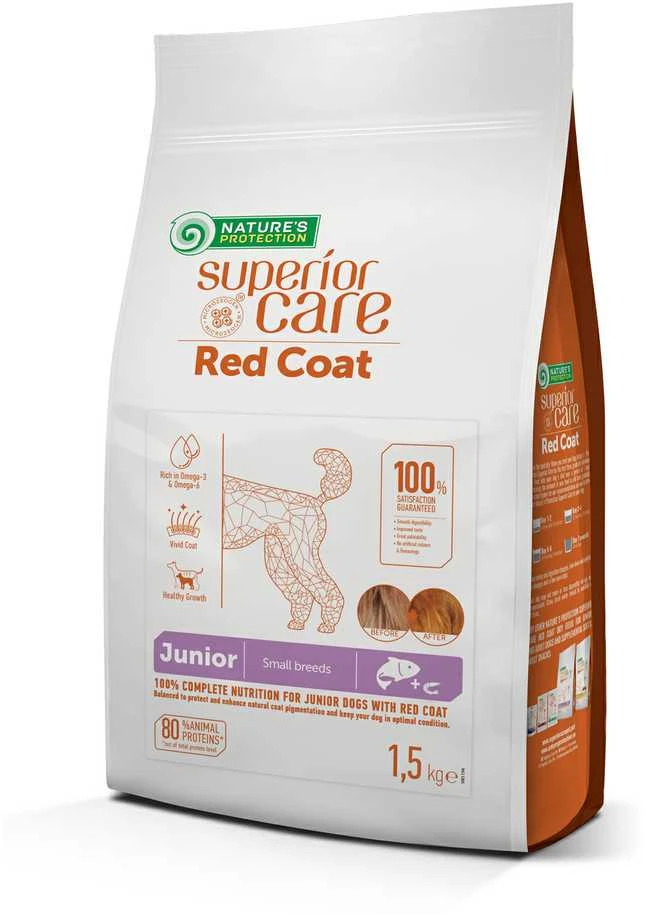 Nature's Protection Superior Care Raudona Coat begrūdis su lašiša Junior Small Breed 1,5kg, jaunų, mažų veislių raudonkailių šunų sausas begrūdis pašaras su lašiša