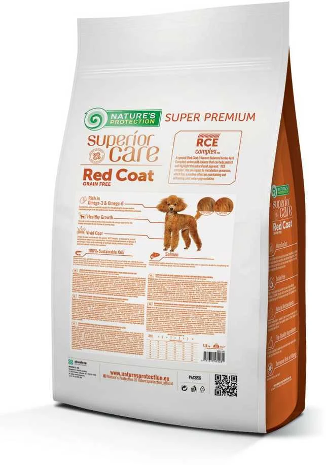 Nature's Protection Superior Care Raudona Coat begrūdis su lašiša Junior Small Breed 1,5kg, jaunų, mažų veislių raudonkailių šunų sausas begrūdis pašaras su lašiša