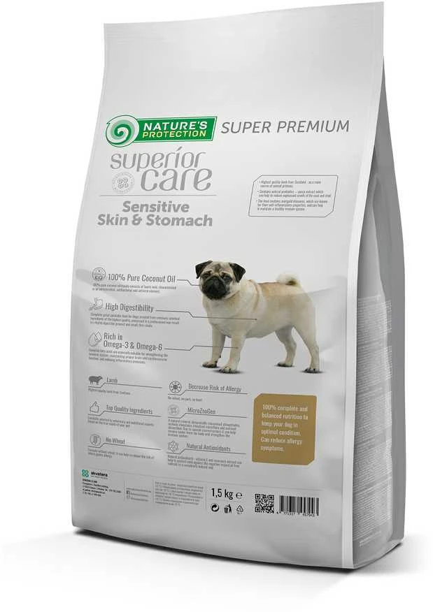 Nature's Protection Superior Care Sensitive Skin&amp;Stomach su ėriena Adult Small Breeds 1,5kg, mažų veislių suaugusių jautrią odą ir virškinimo sistemą turinčių šunų sausas pašaras su ėriena