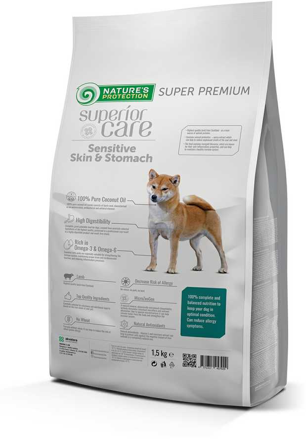 Nature's Protection Superior Care Sensitive Skin&amp;Stomach su ėriena Adult All Breeds 1,5kg, visų veislių suaugusių jautrią odą ir virškinimo sistemą turinčių šunų sausas pašaras su ėriena