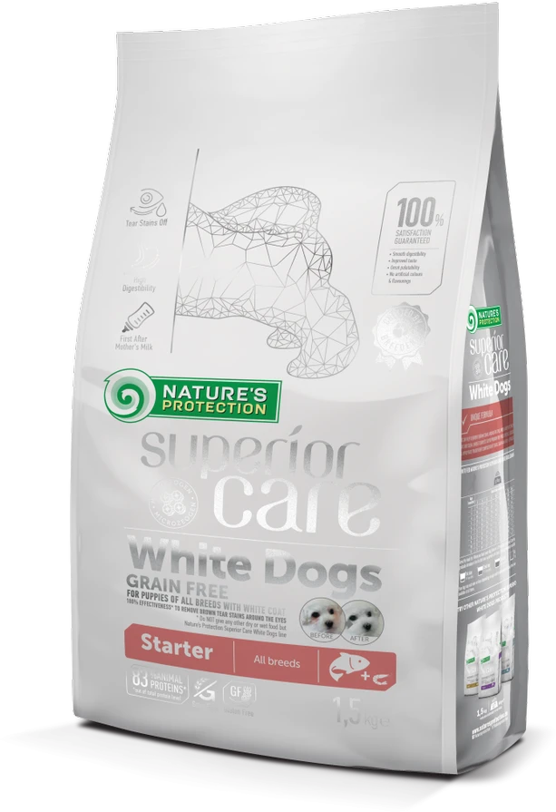 Nature's Protection Superior Care Baltas Dogs begrūdis su lašiša Starter All Breeds 1,5kg, visų veislių junkomų baltakailių šuniukų sausas begrūdis pašaras su lašiša