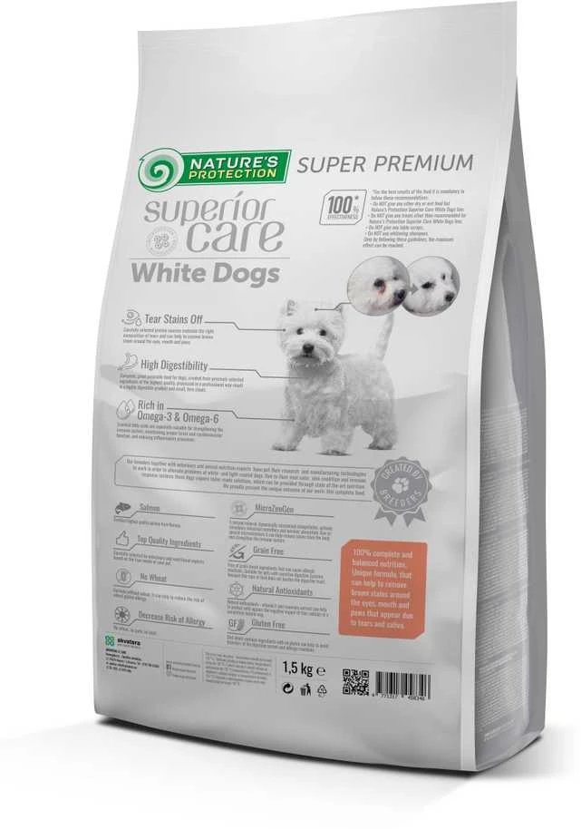 Nature's Protection Superior Care Baltas dogs begrūdis su lašiša Adult Small and Mini Breeds 1,5kg, suaugusių mažų ir labai mažų veislių šunų sausas begrūdis pašaras su lašiša