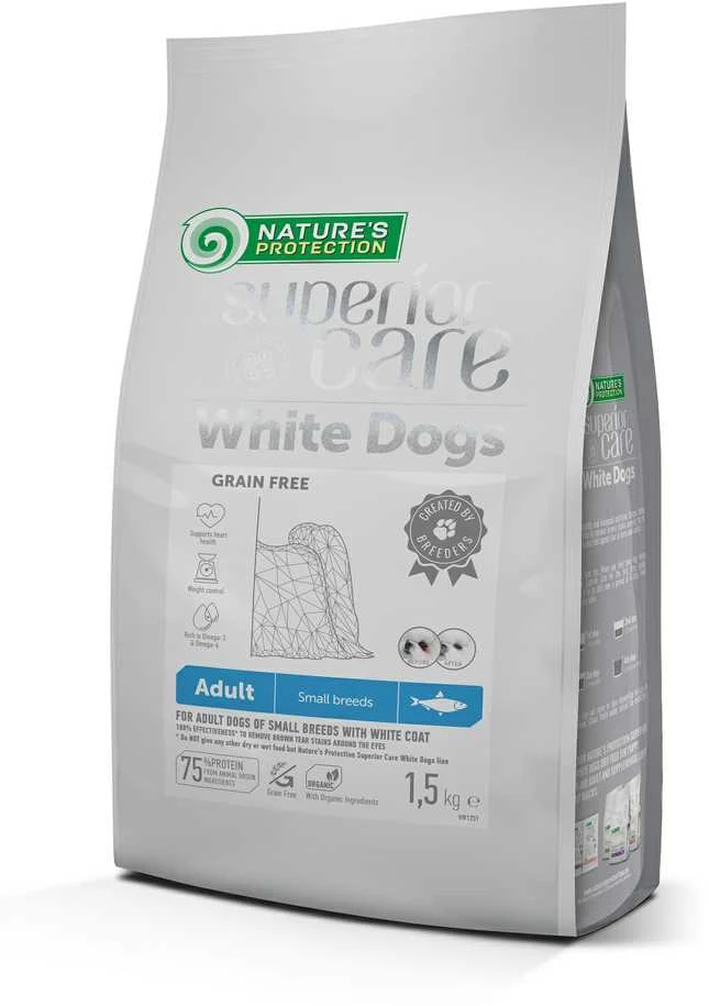 Nature's Protection Superior Care Baltas Dog begrūdis with Herring Adult Small Breed, mažų veislių suaugusių baltakailių šunų sausas begrūdis pašaras su silke, 1,5kg