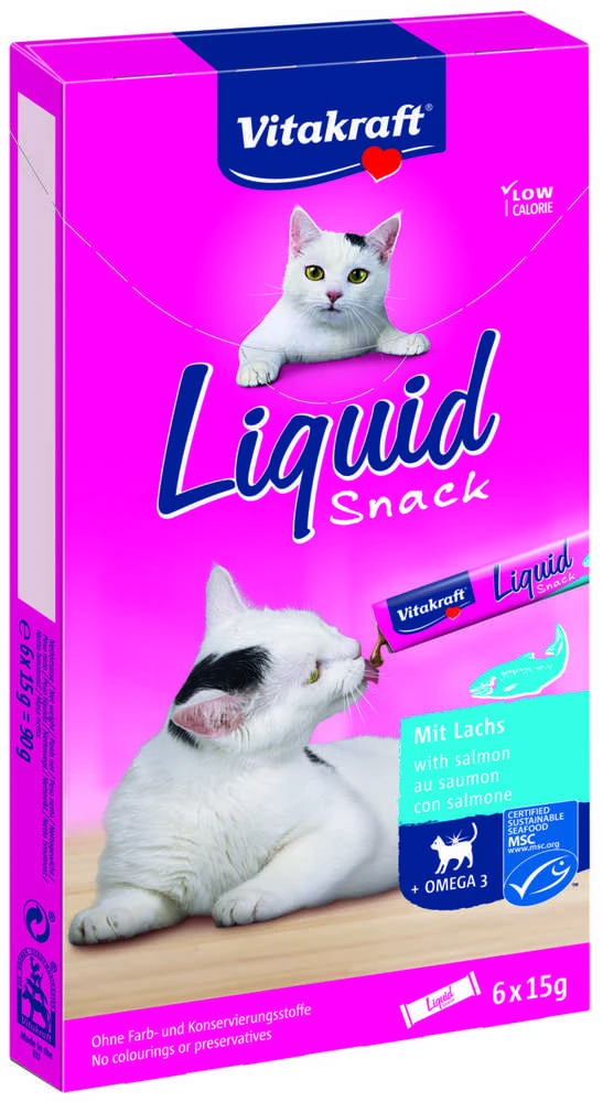 Vitakraft Chovex Sro VITAKRAFT Liquid Snack 6x15 g, kačių pašaro papildas - skanėstai su lašiša ir Omega 3