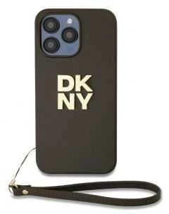 DKNY PU Leather Stack Logo Wrist Strap dėklas telefonui Apple iPhone 15 Pro rudos spalvos