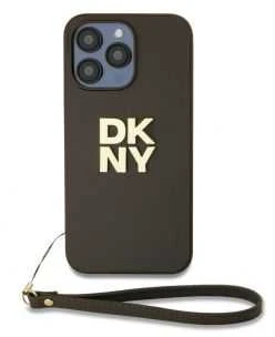 DKNY PU Leather Stack Logo Wrist Strap dėklas telefonui Apple iPhone 15 Pro Max rudos spalvos