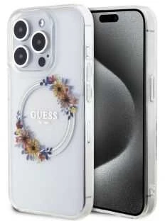GUESS GUHMP15XHFWFFCT IPHONE 15 PRO MAX 6,7 col. permatomas kietas dėklas IML FLOWERS WREATCH MAGSAFE