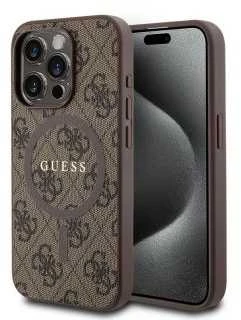 „Guess“ GUHMP15LG4GFRW Apple iPhone 15 Pro 6.1" rudos spalvos kietas dėklas, 4G kolekcija, odinis metalinis logotipas, MagSa