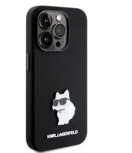 Apple iPhone 15 Pro Karl Lagerfeld silikoninis dėklas Choupette Metal Pin (KLHCP15LSMHCNPK) juodos spalvos