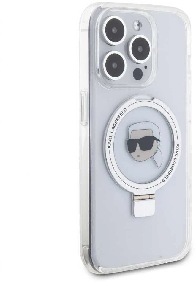 Karl Lagerfeld KLHMP15LHMRSKHH Apple iPhone 15 Pro 6.1″ baltos spalvos kietas dėklas Ring Stand Karl Head MagSafe
