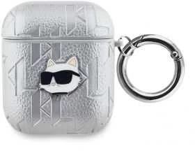 Karl Lagerfeld PU Embossed Choupette Head dėklas ausinėms AirPods 1/2 sidabrinės spalvos