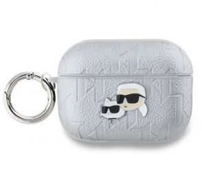 Karl Lagerfeld PU Embossed Karl and Choupette Heads dėklas ausinėms AirPods Pro 2 sidabrinės spalvos