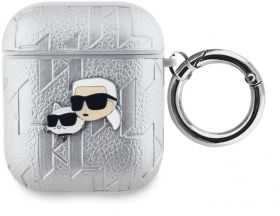 Karl Lagerfeld PU Embossed Karl and Choupette Heads dėklas ausinėms AirPods 1/2 sidabrinės spalvos