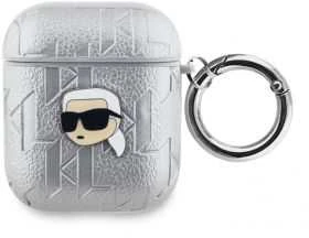 Karl Lagerfeld PU Embossed Karl Head dėklas ausinėms AirPods 1/2 sidabrinės spalvos