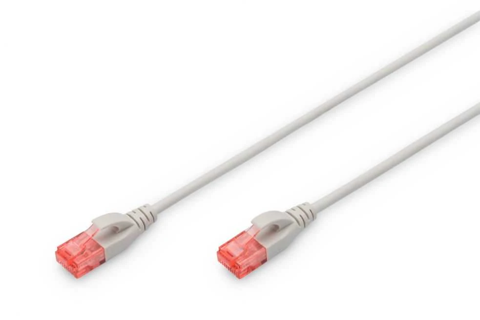 Digitus CAT 6 U-UTP Plonas pataiso laidas | Patch laidas | Skaidri raudonos spalvos jungtis, leidžianti lengvai atpažinti 6 kategoriją (250 MHz). Vidiniai laidininkai: varis (Cu) | Pilkas | 2 m | Modulinis RJ45 (8/8) kištukas