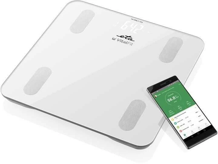 Virtuvinės svarstyklės ETA | Išmanios asmeninės svarstyklės | Vital Fit ETA678190000 | Kūno analizatorius | Didžiausias svoris (keliamoji galia) 180 kg | Tikslumas 100 g | Kūno masės indekso (KMI) matavimas | Baltas