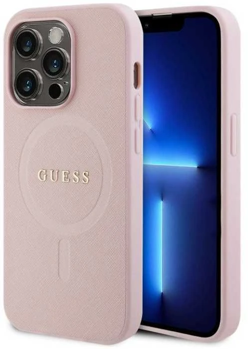 Guess GUHMP15LPSAHMCP Apple iPhone 15 Pro 6.1″ rožinės spalvos kietas dėklas Saffiano MagSafe