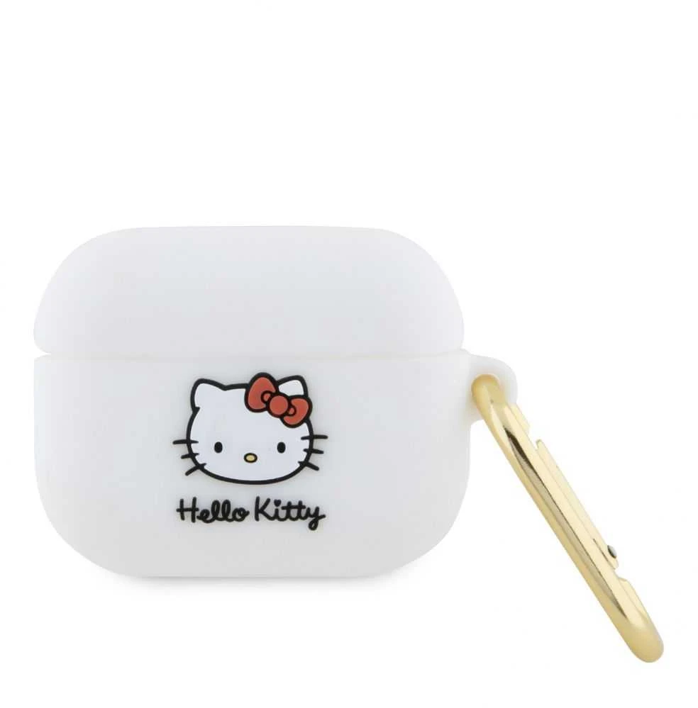 Hello Kitty HKAP3DKHSH AirPods Pro dėklas, baltos spalvos, silikoninis, 3D Kitty galvutė