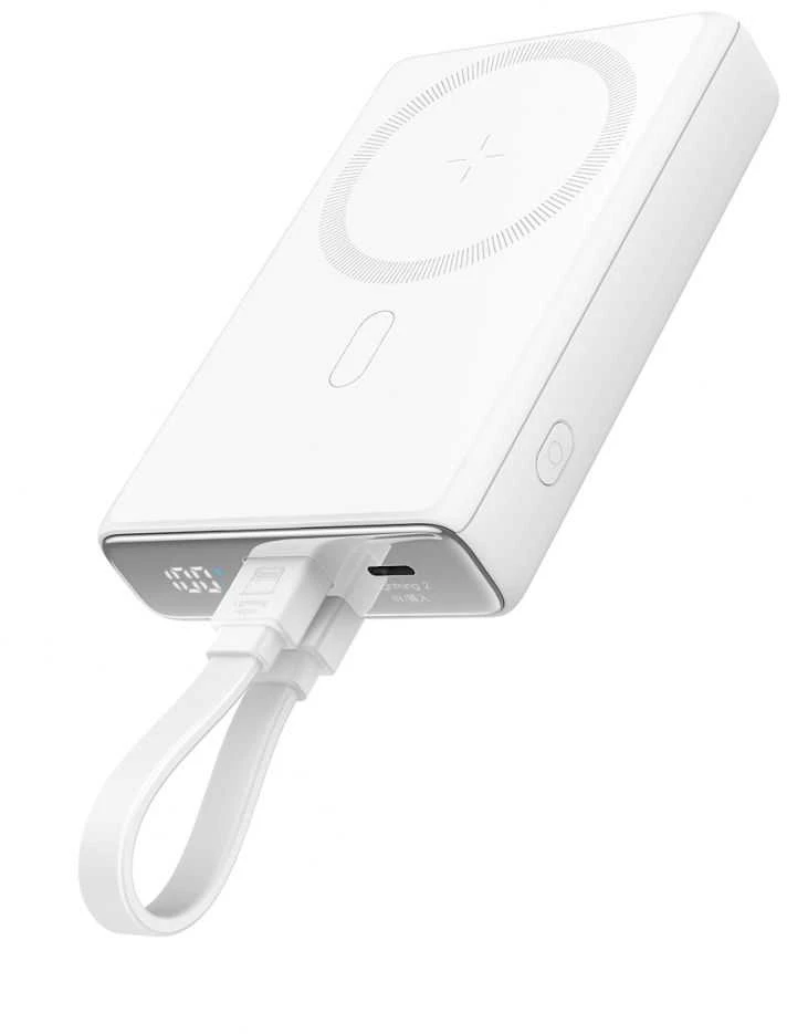 Powerbank Joyroom JR-PBM01 magnetic 10000mAh 20W su stoveliu + Lightning kabelis - USB-C - baltos spalvos