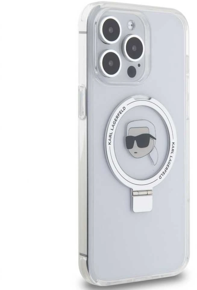 Karl Lagerfeld KLHMP15XHMRSKHH Apple iPhone 15 Pro Max 6.7″ baltos spalvos kietas dėklas Ring Stand Karl Head MagSafe