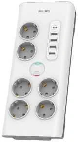 Philips Apsauga nuo viršįtampių SPN7060WA/58, 6 lizdai, 2 m maitinimo laidas, 1 x C tipo prievadas, maks. 15 W išvestis, 4 x A tipo jungtys, maks. 20 W išėjimas, 900 džaulių apsauga nuo viršįtampių