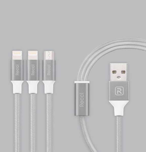 USB kabelis Delock Recci Universal Delicate RCS-H120 3 viename Micro USB + 2 x žaibiško greito įkrovimo 1,2 m Pilkas (RRCS-H120GRE)
