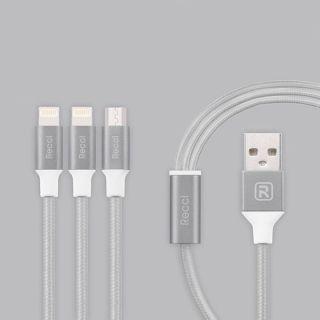 USB kabelis Delock Recci Universal Delicate RCS-H120 3 viename Micro USB + 2 x žaibiško greito įkrovimo 1,2 m Pilkas (RRCS-H120GRE)