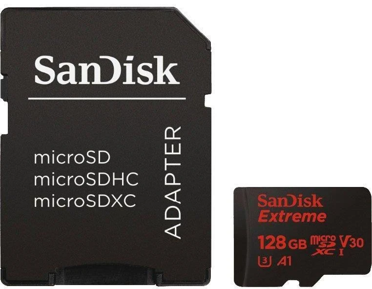 „SANDISK Extreme Micro SDXC 128GB“ veiksmo kameroms ir dronams + SD adapteris + 1 metų „RescuePRO Deluxe“ garantija iki 190 MB/s ir 90 MB/s skaitymo / rašymo greičių, A2, C10, V30, UHS-I, U3.