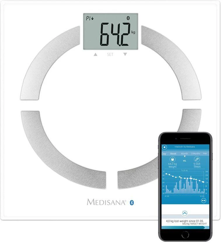 Medisana BS 444 kūno analizės svarstyklės, nerūdijančio plieno, Bluetooth | Medisana | BS 444 | Automatinis išjungimas | Kūno riebalų analizė | Kūno masės indekso (KMI) matavimas | Kūno vandens procentas | Kaulų masės analizė | Maksimalus svoris (keliamoji galia) 180 kg | Atminties funkcija | Keli vartotojai | Kūno skalė