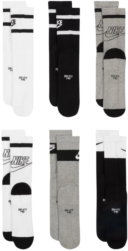 Nike Everyday Cush Crew jaunimo 6PR kojinės baltos, pilkos, juodos CK7302 901 (38-42)