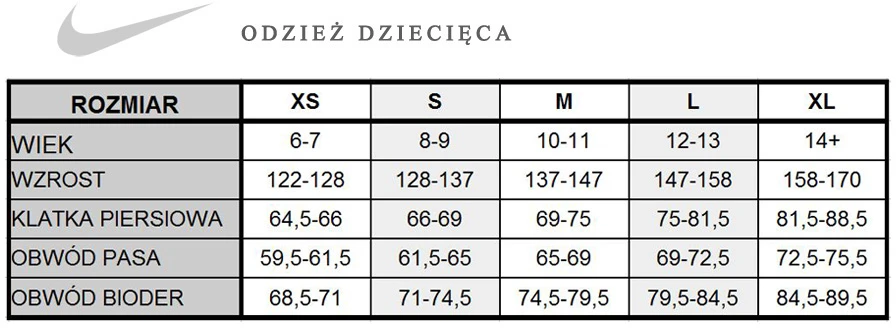 Nike vaikiškų drabužių dydžių lentelė