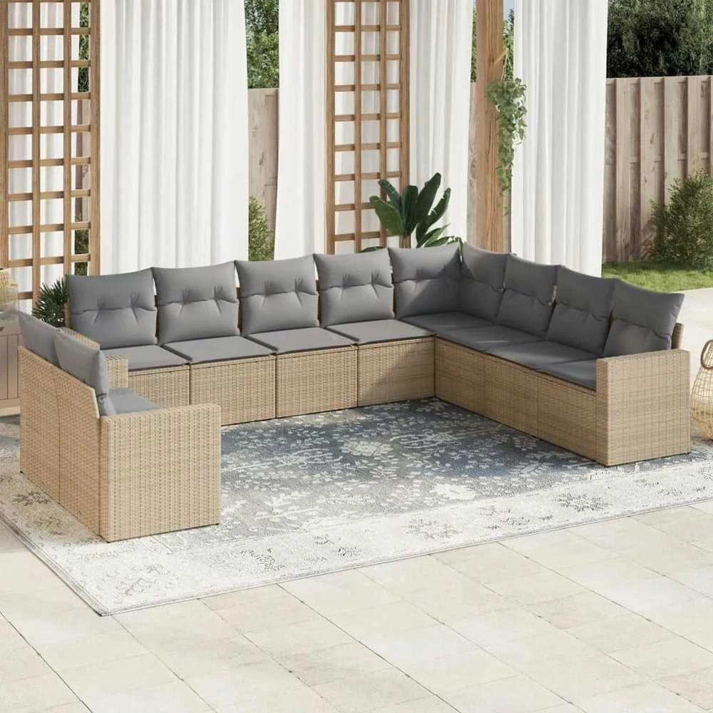 Sofa Sofos komplektas su pagalvėlėmis, 10 dalių, smėlio, poliratanas