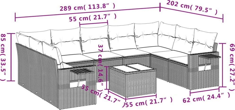 Lauko baldų komplektas Sodo komplektas su pagalvėlėmis, 10 dalių, rudas, poliratanas