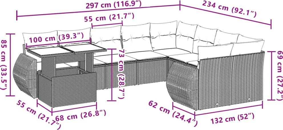 Sodo komplektas su pagalvėlėmis, 10 dalių, rudas, poliratanas