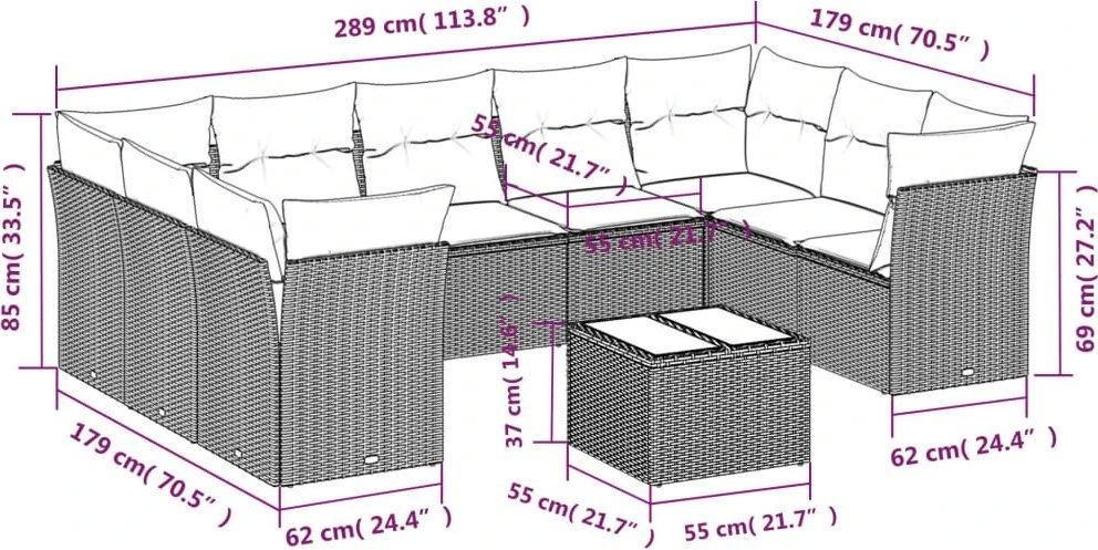 Lauko baldų komplektas Sodo komplektas su pagalvėlėmis, 10 dalių, rudas, poliratanas