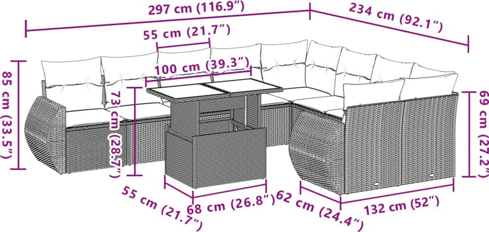 Lauko baldų komplektas Sodo komplektas su pagalvėlėmis, 10 dalių, rudas, poliratanas