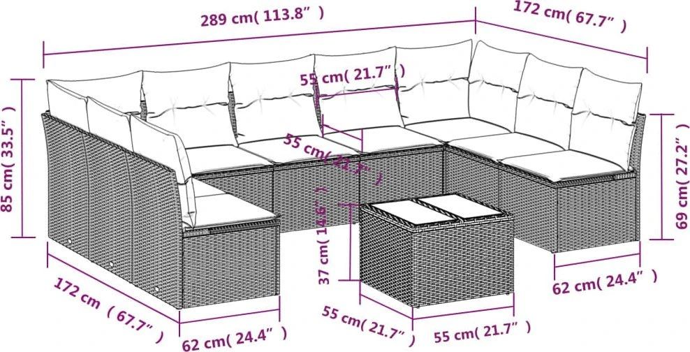 Lauko baldų komplektas Sodo komplektas su pagalvėlėmis, 10 dalių, rudas, poliratanas