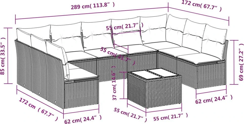 Lauko baldų komplektas Sodo komplektas su pagalvėlėmis, 10 dalių, rudas, poliratanas