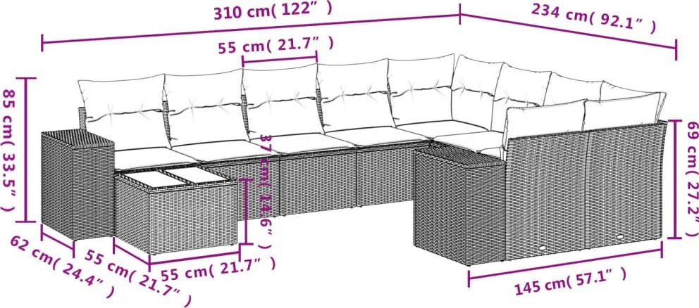 Lauko baldų komplektas Sodo komplektas su pagalvėlėmis, 10 dalių, rudas, poliratanas