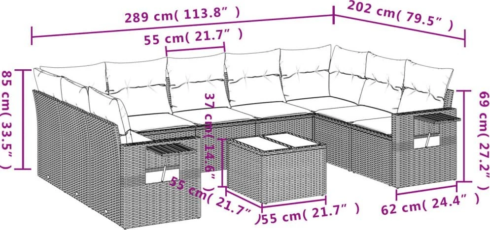 Lauko baldų komplektas Sodo komplektas su pagalvėlėmis, 10 dalių, rudas, poliratanas