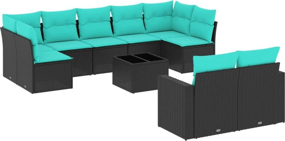 Lauko baldų komplektas Sofos komplektas su pagalvėlėmis, 10 dalių, juodas, poliratanas