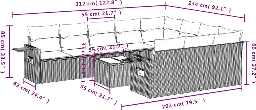 Lauko baldų komplektas Sodo komplektas su pagalvėlėmis, 11 dalių, rudas, poliratanas