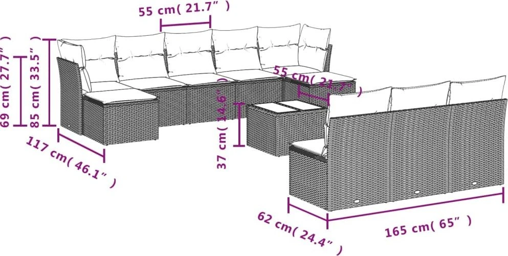 Sofa Sodo komplektas su pagalvėlėmis, 11 dalių, rudas, poliratanas