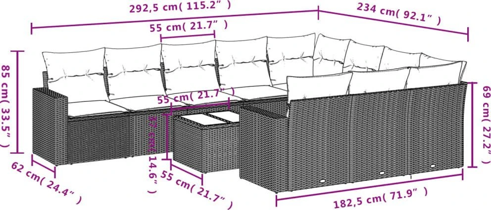 Lauko baldų komplektas Sodo komplektas su pagalvėlėmis, 11 dalių, rudas, poliratanas