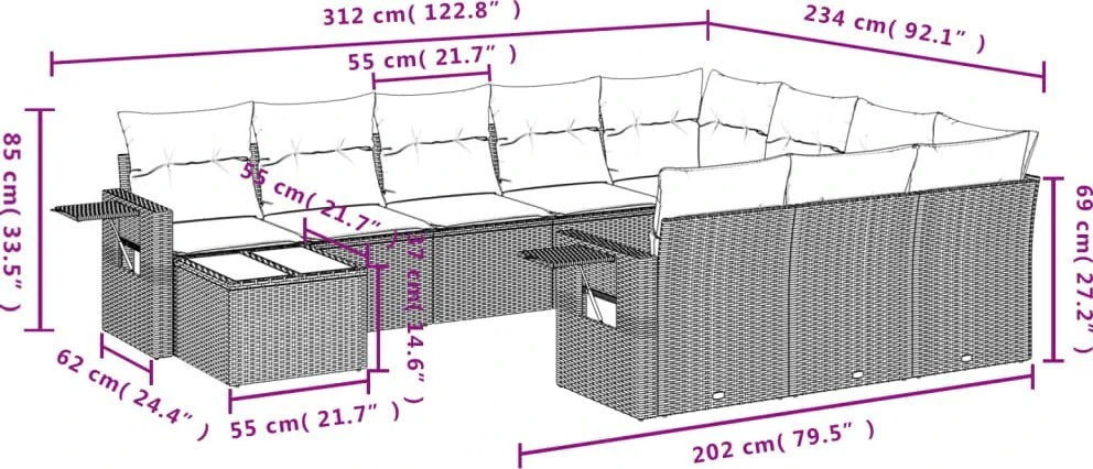 Lauko baldų komplektas Sodo komplektas su pagalvėlėmis, 11 dalių, rudas, poliratanas