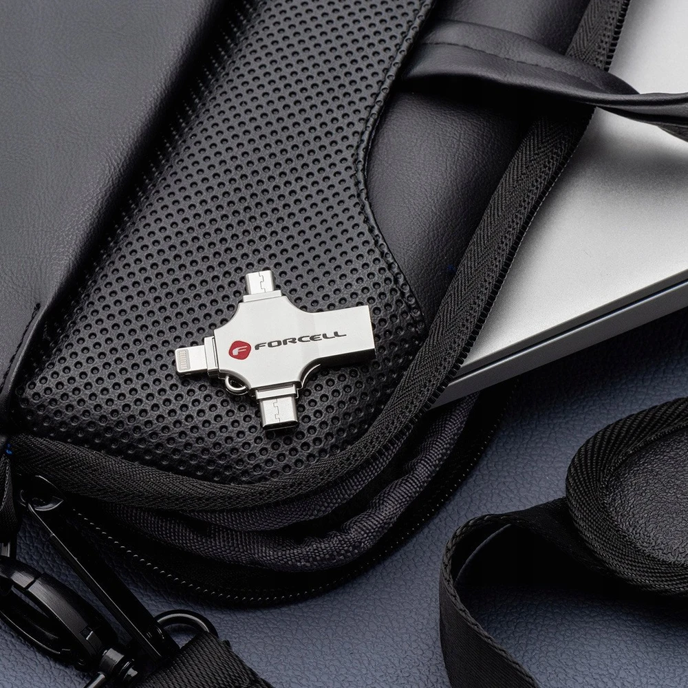 USB atmintinė 128GB USB 3.2 Gen 1 (USB A / USB C / Lightning / Micro USB) Forcell F-Data Metal Quad sidabrinas